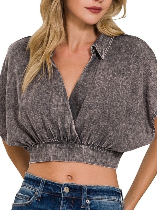 Tops - Washed Charcoal Cropped V-Neck Top - Women